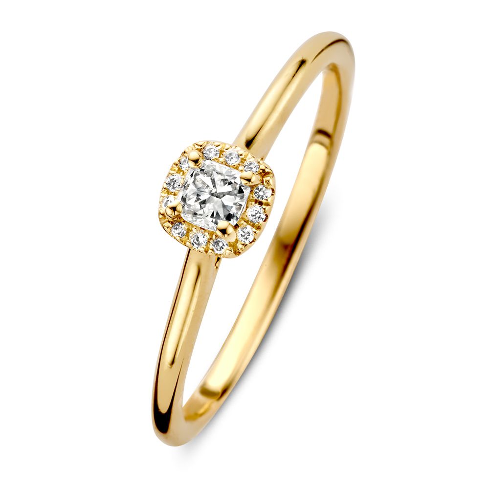 Anello da donna in oro giallo con brillante centrale in cornice quadrata, 0,24 ct.