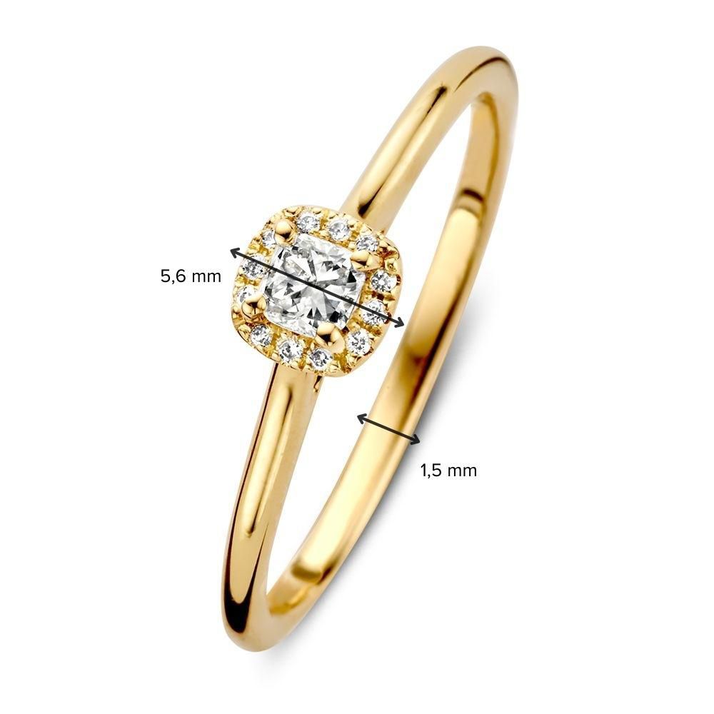 Elegante Anello da Donna in Oro Giallo con Pietra Centrale Brillante in Montatura Entourage Quadrata 0.24 crt.