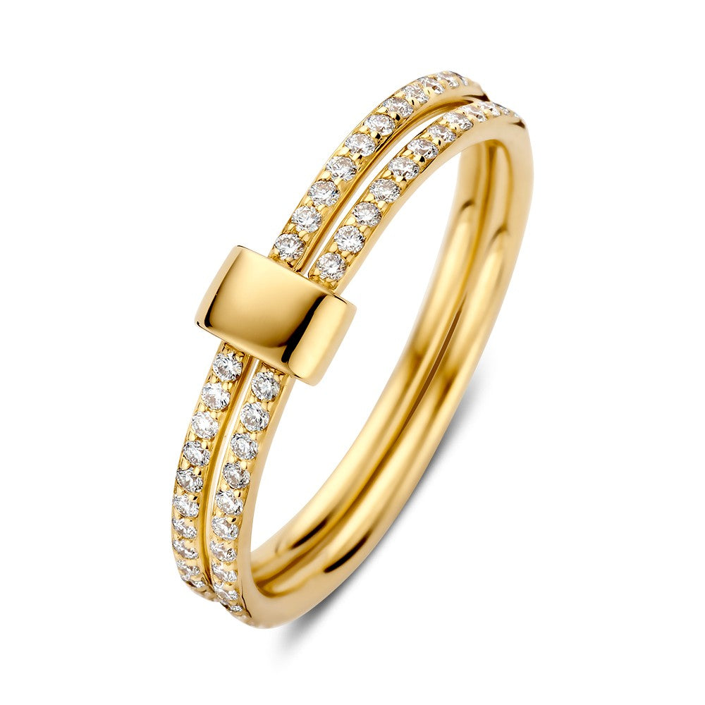Anello in oro giallo 14 carati con diamanti scintillanti da 0,28 carati, design a doppia fascia.
