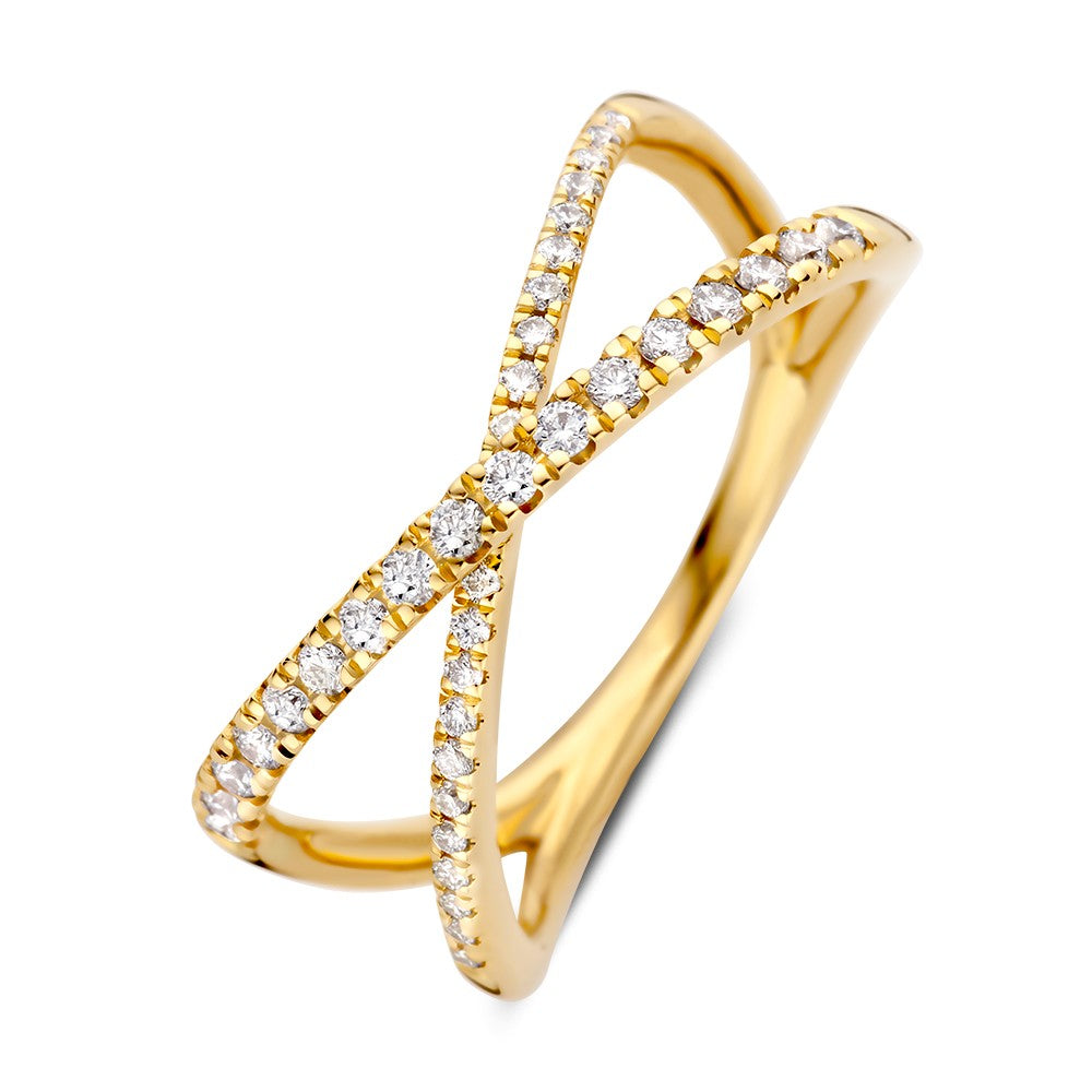 Anello in oro giallo con diamanti brillanti da 0,30 crt, design intrecciato.