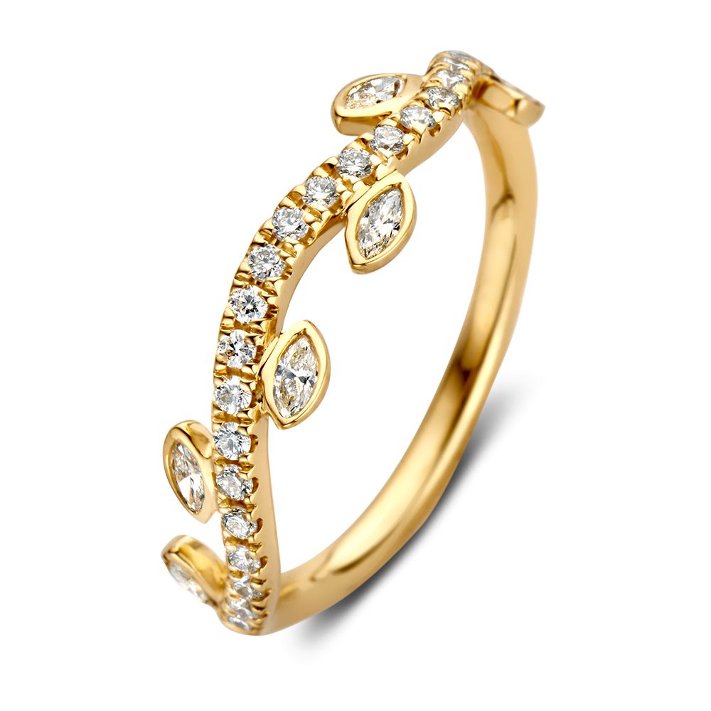 Anello in oro giallo elegante con design a foglie di diamanti, 14 carati, 0,37 ct di diamanti.