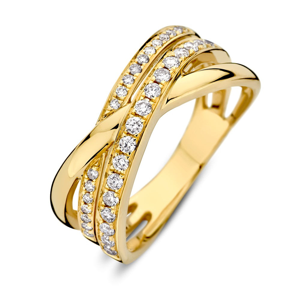 Anello crossover in oro giallo con diamanti, design lussuoso per donne.