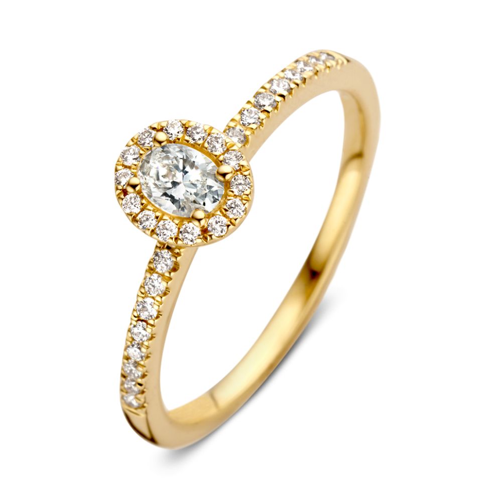 Anello in oro giallo elegante con diamante ovale centrale e halo di diamanti, 14 carati, 0,40 ct.