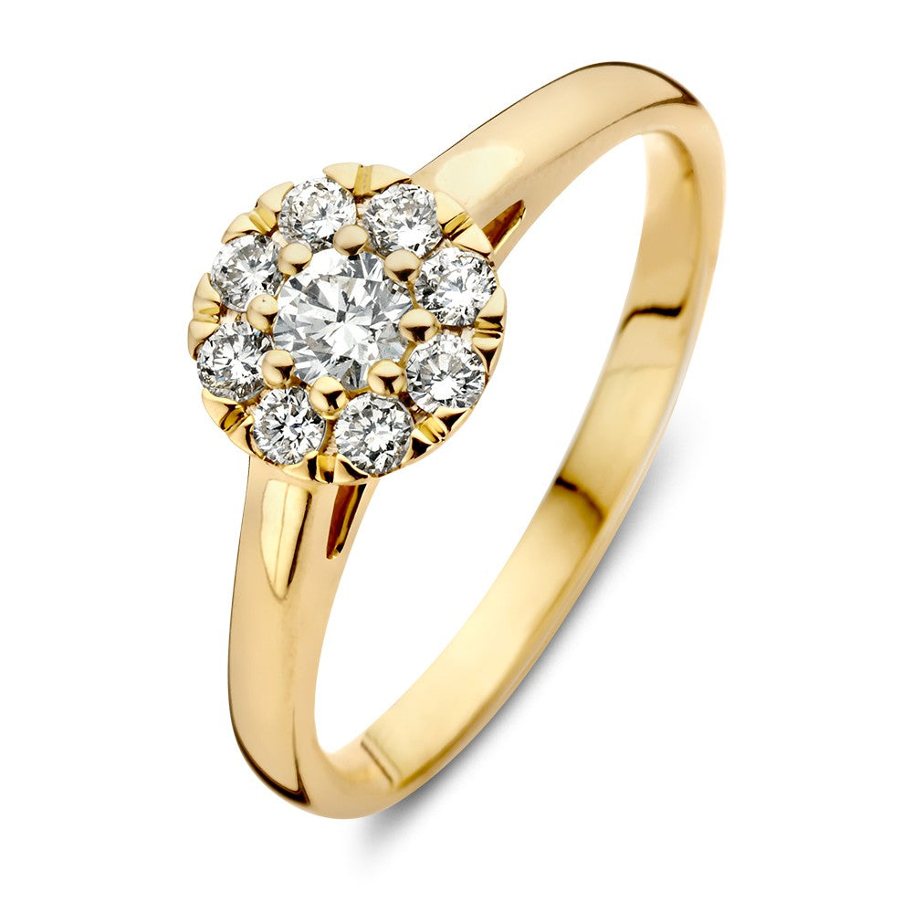 Anello in oro giallo elegante con diamante halo, 14 carati, 0,40 ct di diamanti.
