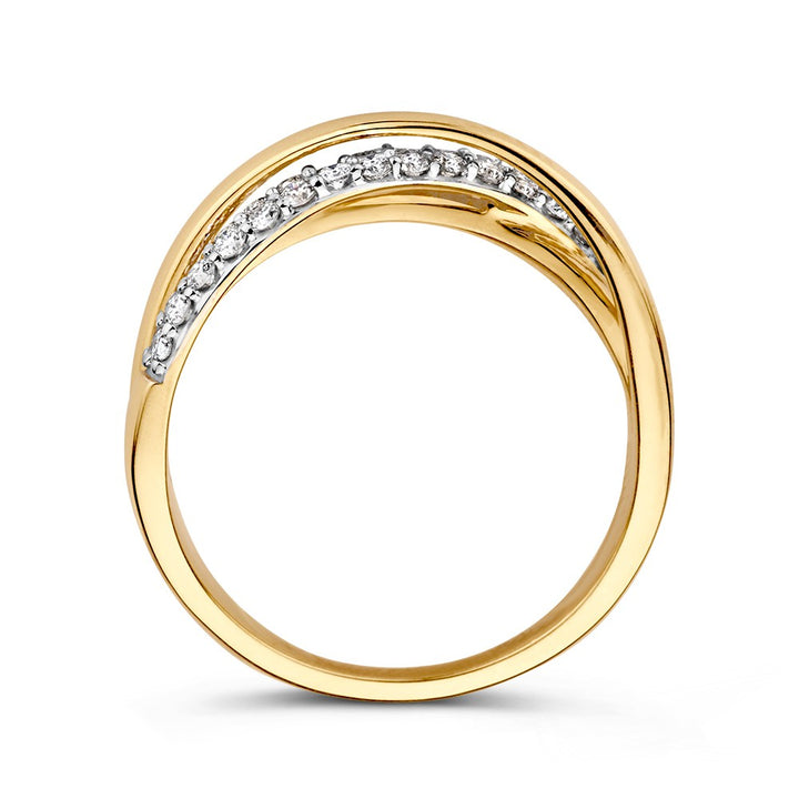 De Bicolor Geel- en Witgouden Crossover Ring met Diamanten (14 karaat, 0.40ct) van Excellent Jewelry heeft een modern, open ontwerp met een gebogen rij diamanten gezet langs één zijde van de band.