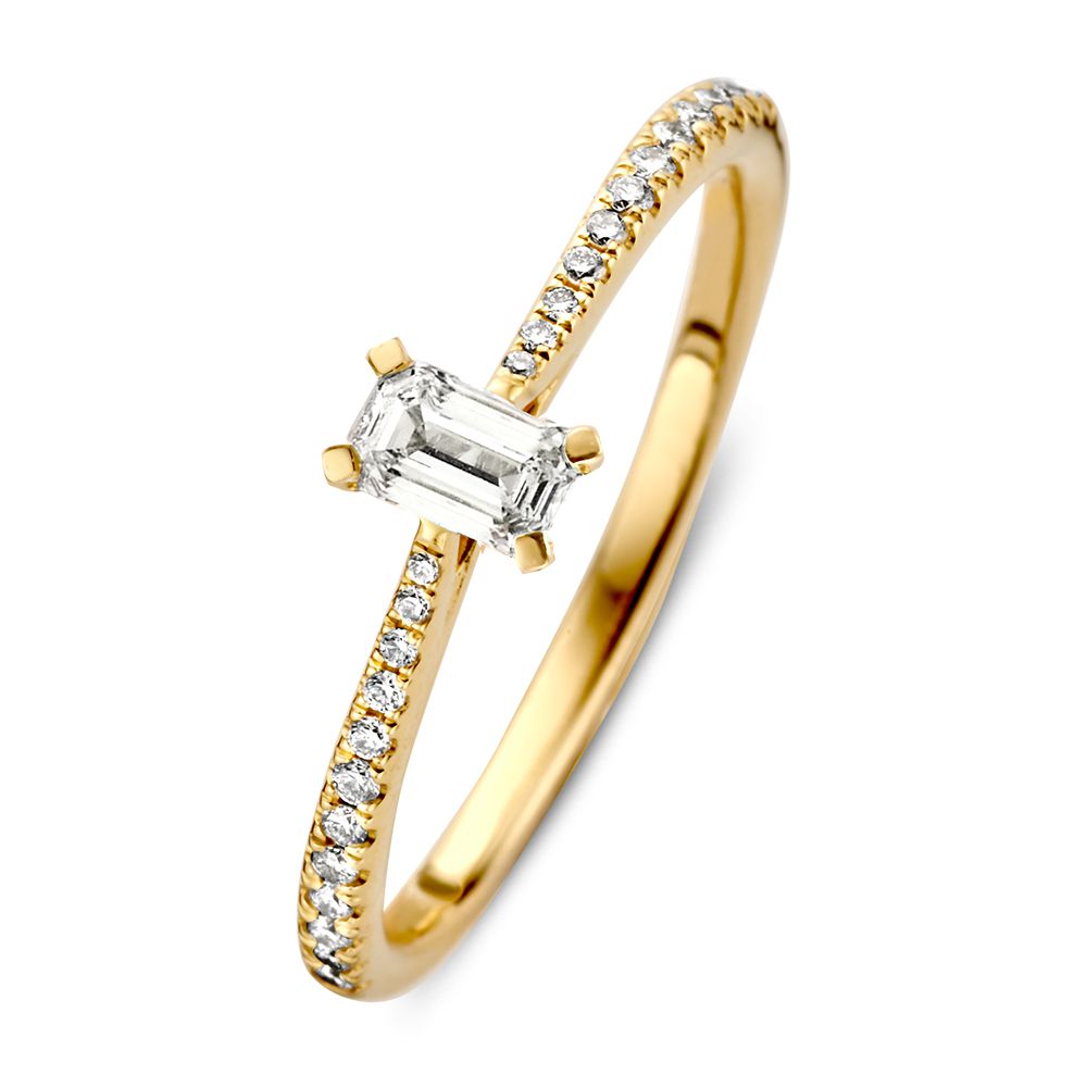 Anello in oro giallo raffinato con diamante baguette e accenti scintillanti, 14 carati, 0,42 ct di diamanti.