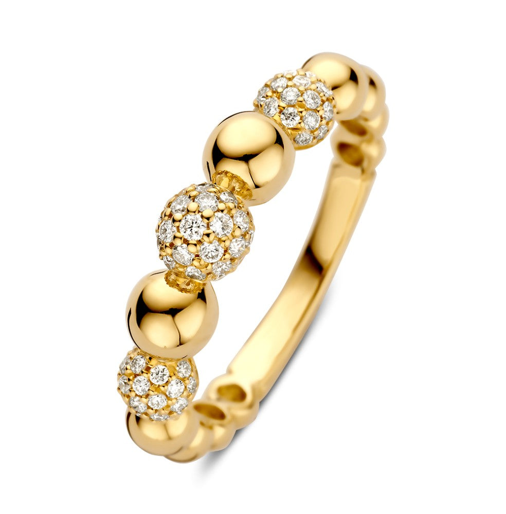 Anello in oro giallo elegante con diamanti, 14 carati, decorato con sfere e diamanti da 0,42 ct.