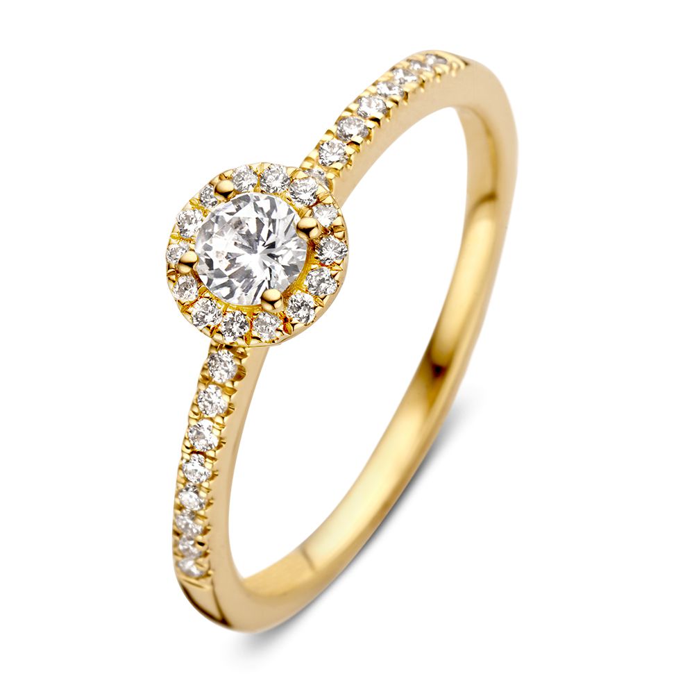 Anello in oro giallo elegante con diamante da 0,20 ct e halo di diamanti.