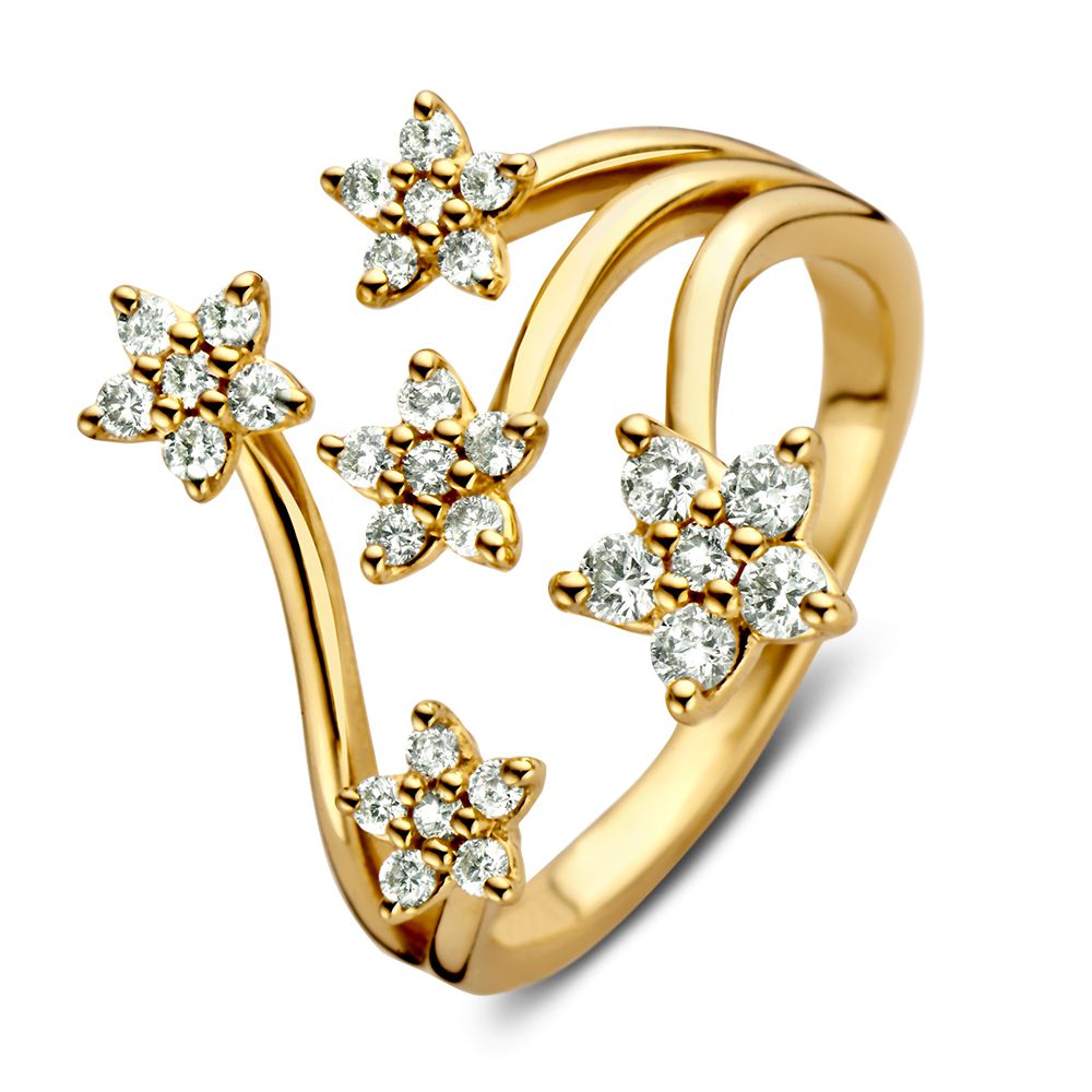 Anello in oro giallo 14 carati con stelle di diamanti, decorato con cinque gemme brillanti.