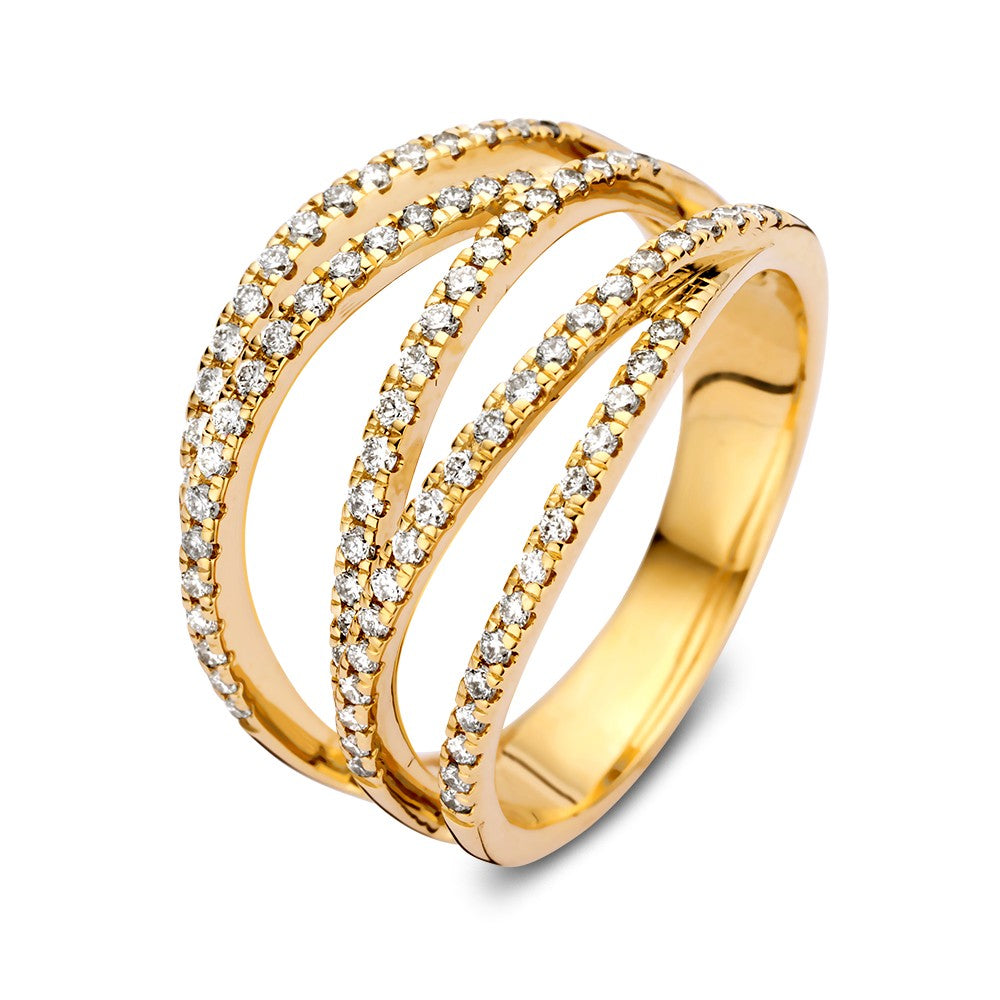Anello in oro giallo 14k con design incrociato, decorato con diamanti da 0,53 ct.