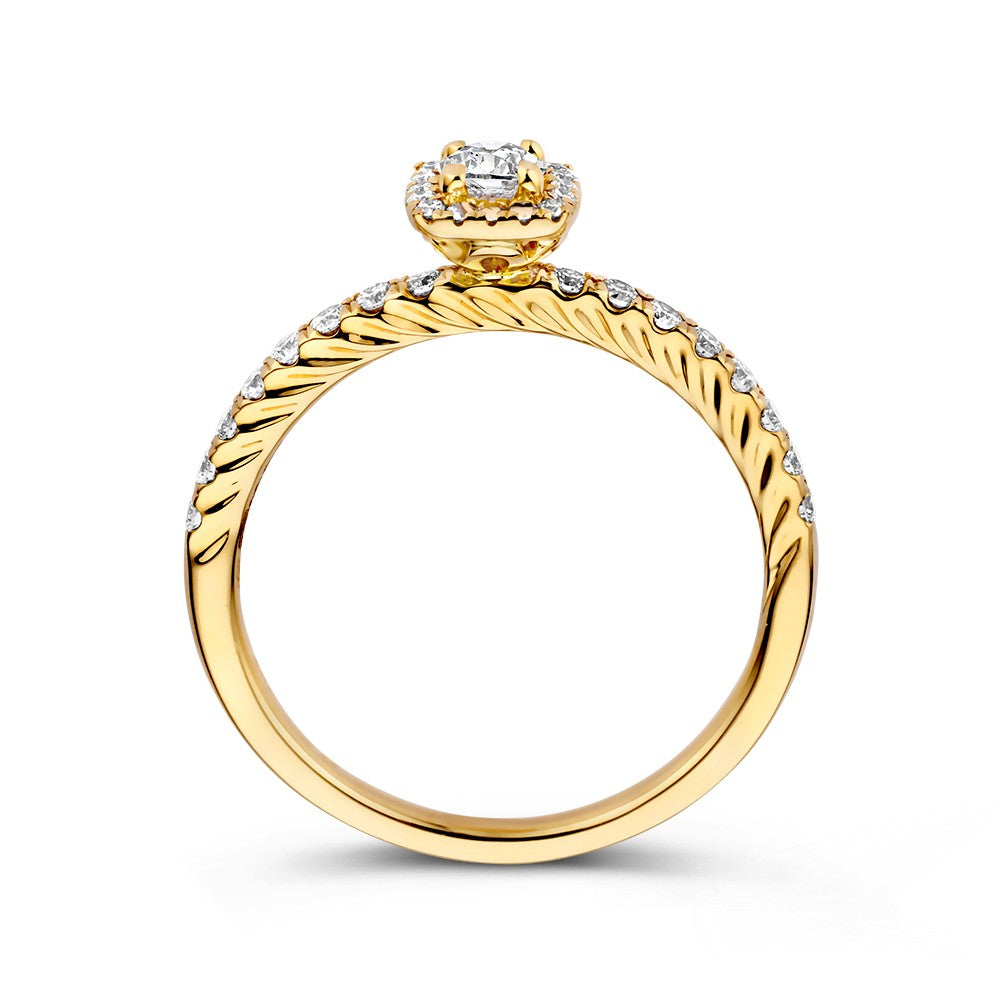 Splendido Anello in Oro Giallo con Diamante Taglio Brillante in Incastonatura Entourage Quadrata – 14 Carati 0.53 crt.