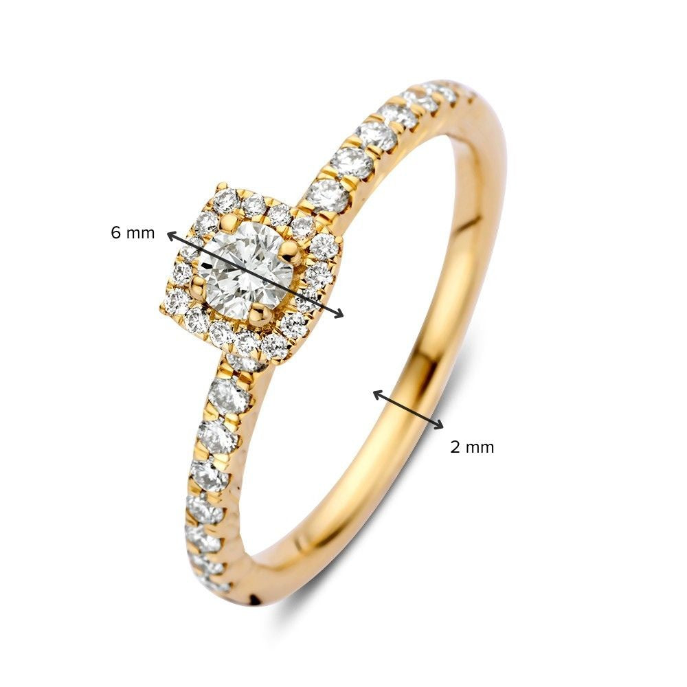Splendido Anello in Oro Giallo con Diamante Taglio Brillante in Incastonatura Entourage Quadrata – 14 Carati 0.53 crt.
