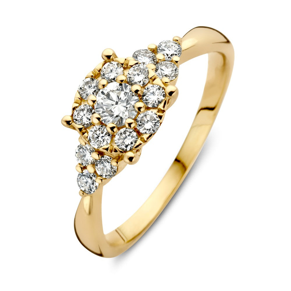Anello in oro giallo con diamanti, design a entourage, 14 carati, 0,56 crt.