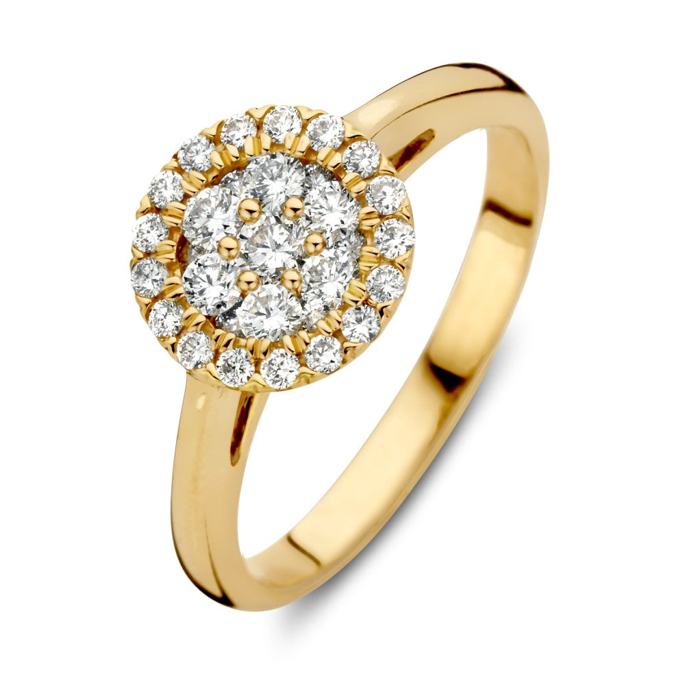 Anello in oro giallo con diamanti, design a doppio halo, 14 carati, 0,60 crt.