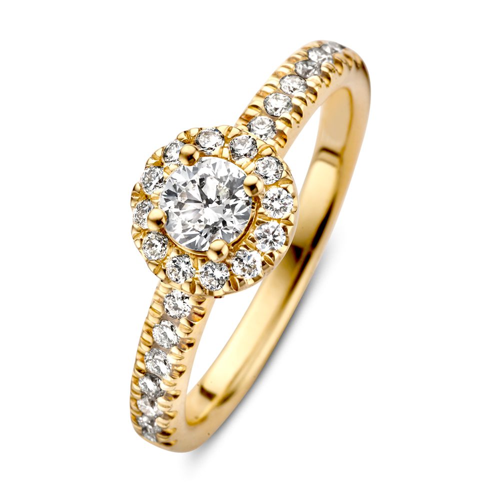 Anello in oro giallo elegante con diamante brillante al centro e pietre circolari.