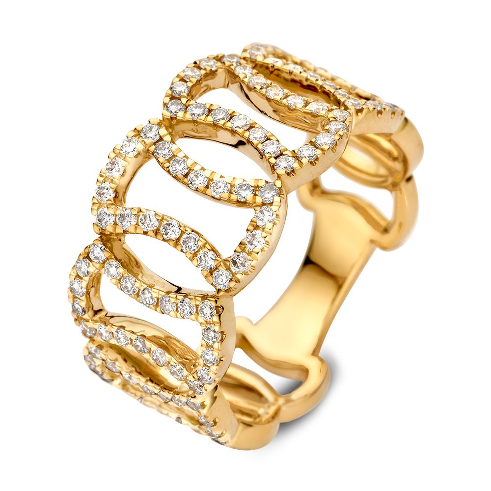 Anello in oro giallo con diamanti scintillanti, design unico a fasce.