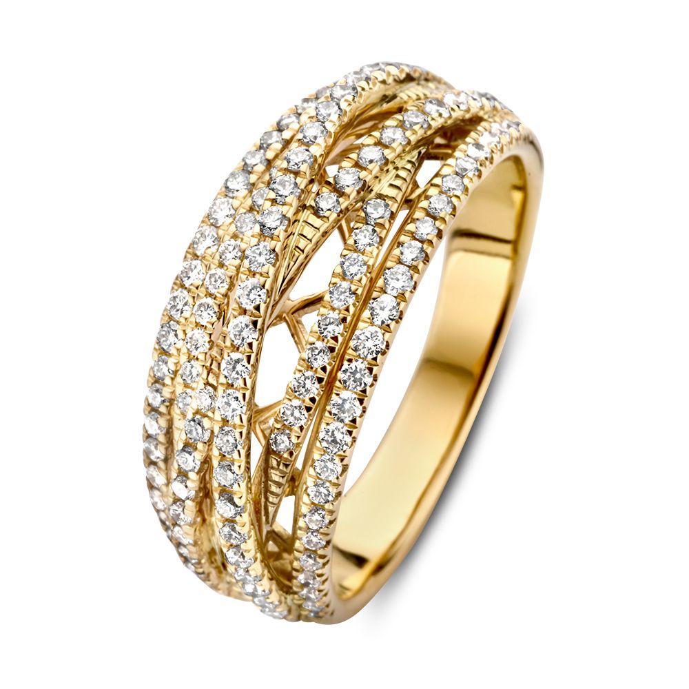 Anello in oro giallo con diamanti, composto da 6 bande intrecciate, peso 0,71 ct.