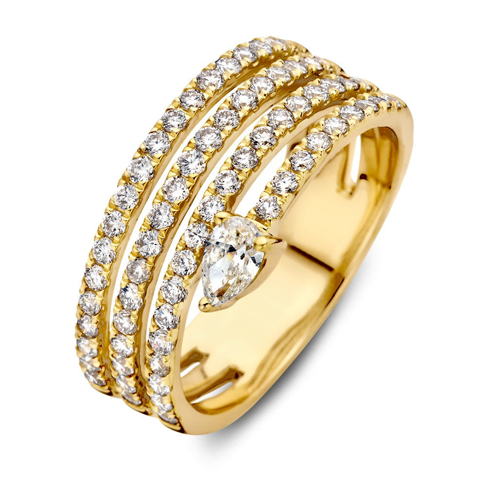 Anello in oro giallo con diamanti, design unico e diamante a forma di pera da 0,98 ct.