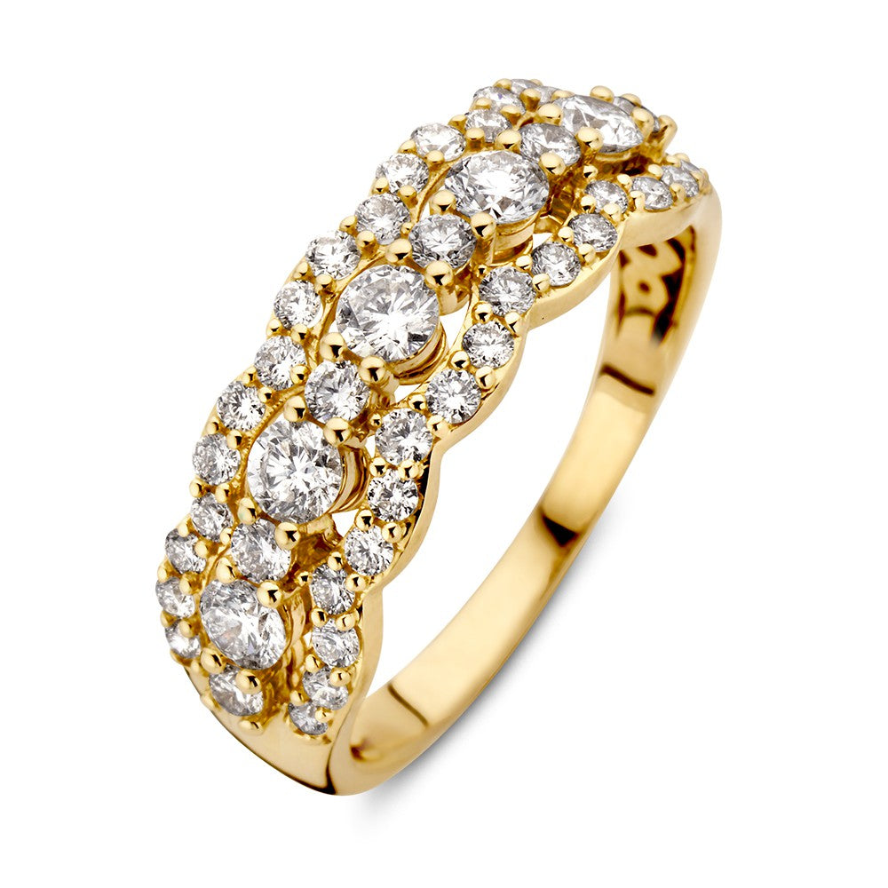 Anello in oro giallo 14kt con diamanti, design ondulato, 1.00 crt.