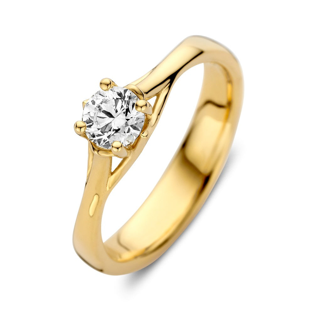 Geelgouden solitair ring met een lab-grown diamant van 0,50 caraat, ronde diamant in een vier-punt zetting.