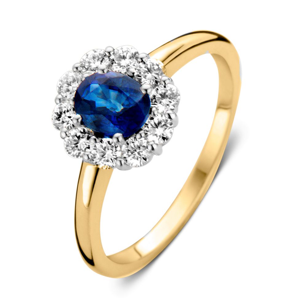 Elegante Geelgouden Ring met Blauwe Saffier en Briljant Diamanten