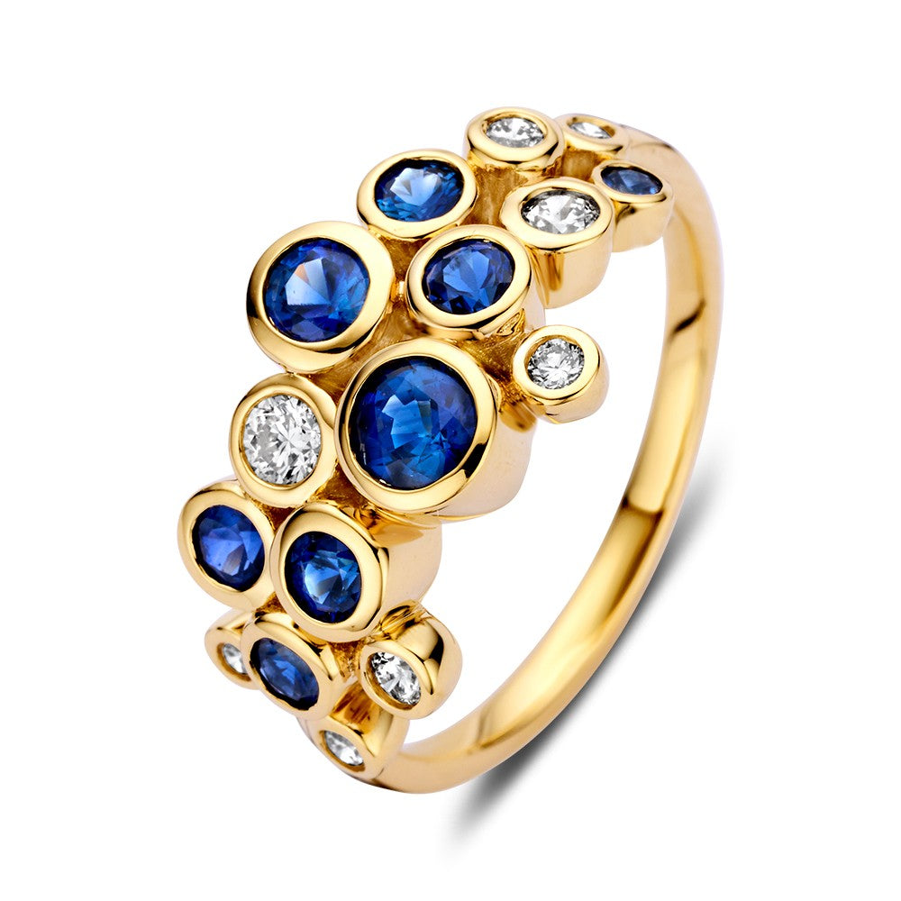 Anello in oro giallo 14k della collezione 'Bubbles', con zaffiri da 1,10 ct e diamanti da 0,29 ct.