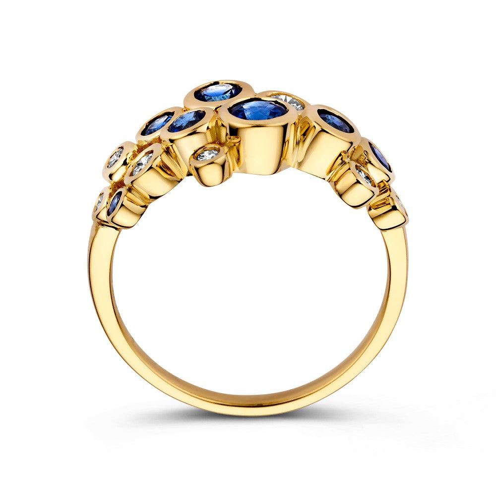 Elegante anello in oro 14k con zaffiri da 1,10ct e diamanti da 0,29ct, collezione 'Bubbles', oro giallo