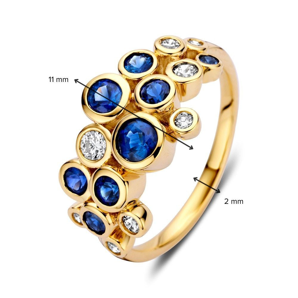 Elegante anello in oro 14k con zaffiri da 1,10ct e diamanti da 0,29ct, collezione 'Bubbles', oro giallo