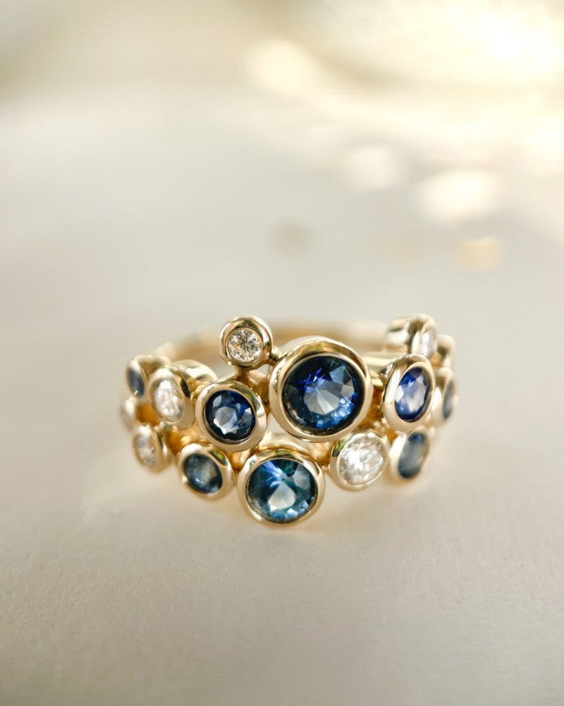 Elegante anello in oro 14k con zaffiri da 1,10ct e diamanti da 0,29ct, collezione 'Bubbles', oro giallo