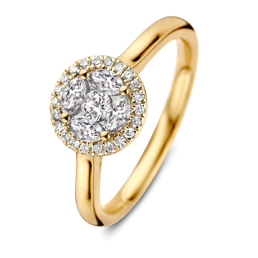 Anello in oro giallo con diamanti, 0,52 carati, forme di taglio brillante e marquise.