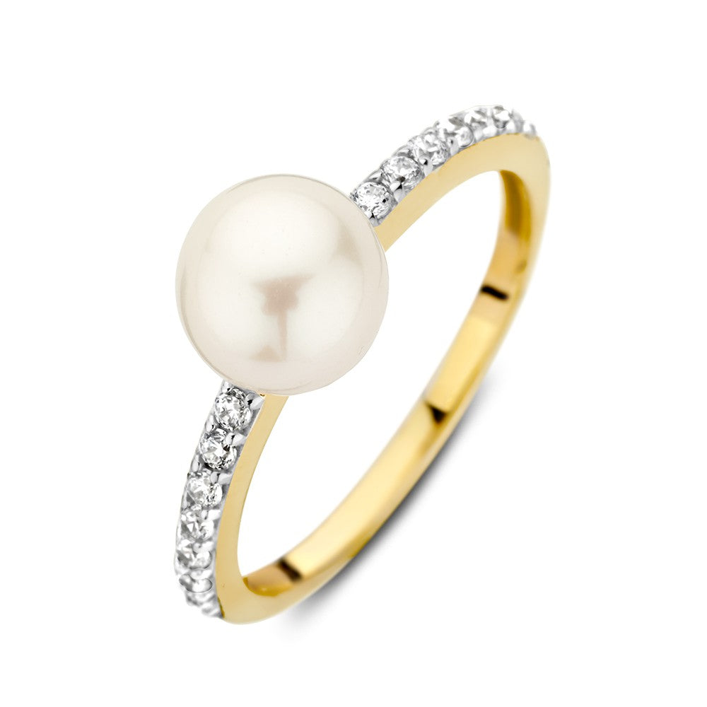 Anello in oro 14K con perla d'acqua dolce e zirconi, design elegante.