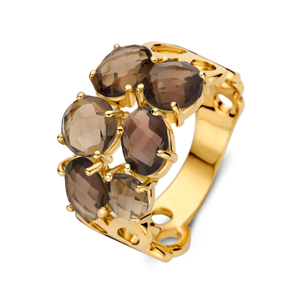 Anello in oro giallo con sei pietre di quarzo fumé ovali, design ampio e dettagli organici.