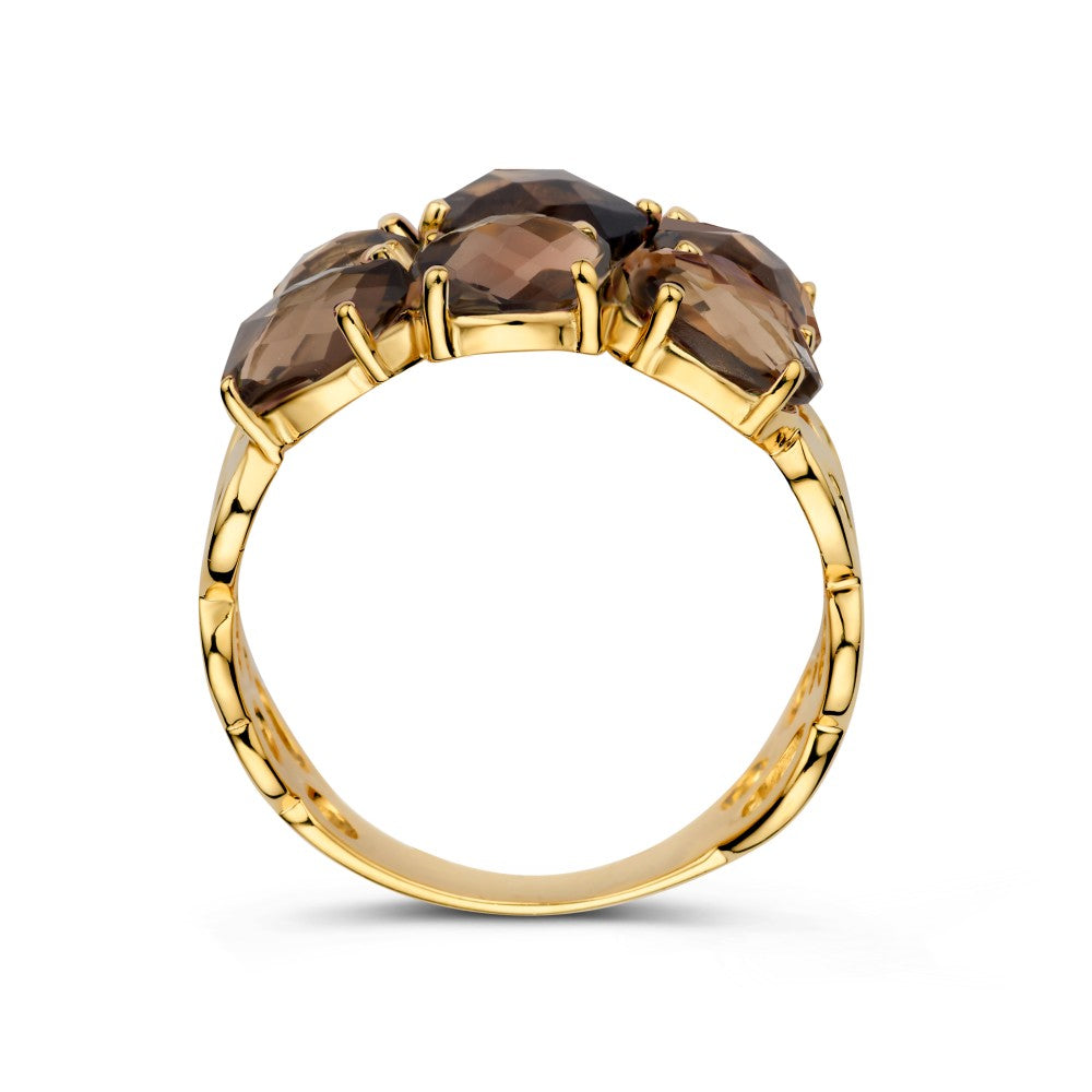 Ampio Anello in Oro Giallo con Quarzo Fumé – Una Dichiarazione di Lusso e Bellezza Organica