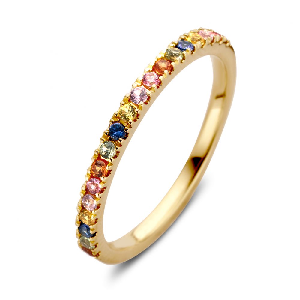 Anello in oro giallo con zaffiri arcobaleno, design sottile e colorato.