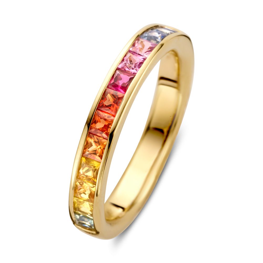 Anello in oro con zaffiri arcobaleno in taglio princess, colorato e raffinato.