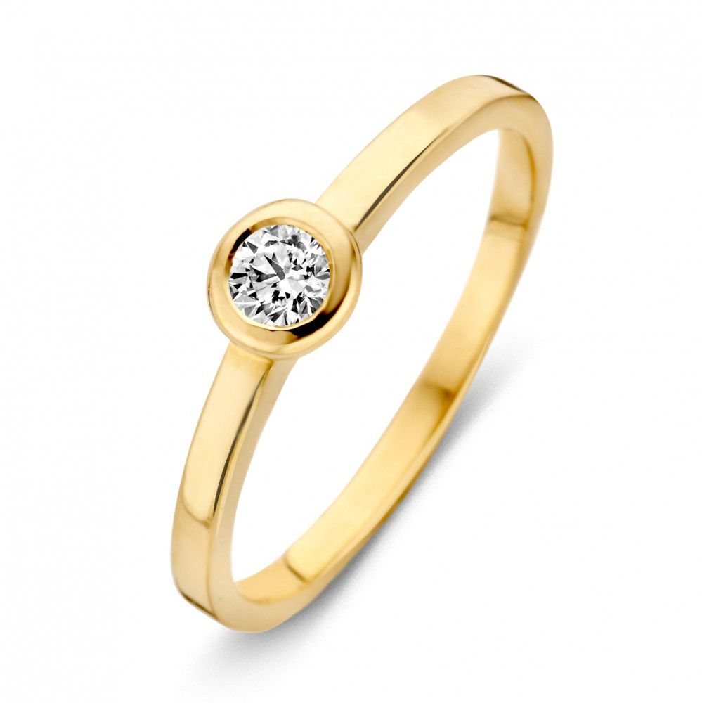 Anello da donna in oro giallo con zircone, modello solitario, design semplice e raffinato.