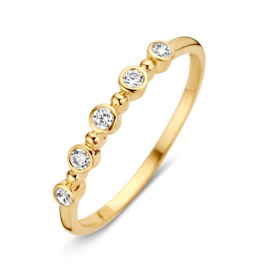 Anello da donna in oro giallo 14 carati con zirconi in incastonatura semplice.