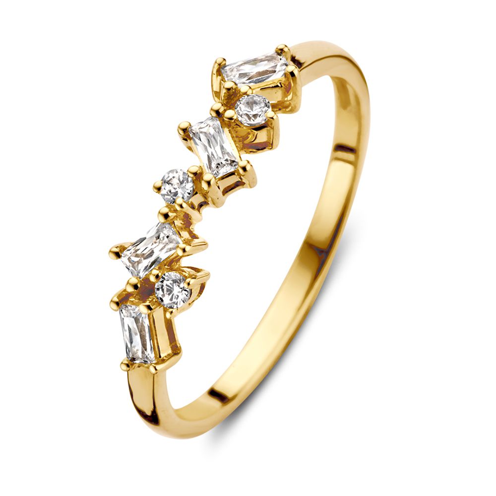 Anello da donna in oro giallo 14 carati con brillanti e zirconi baguette.