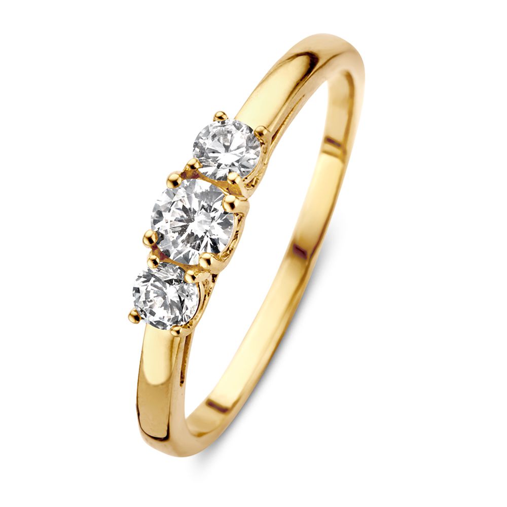 Anello da donna in oro giallo 14 carati con tre zirconi brillanti.
