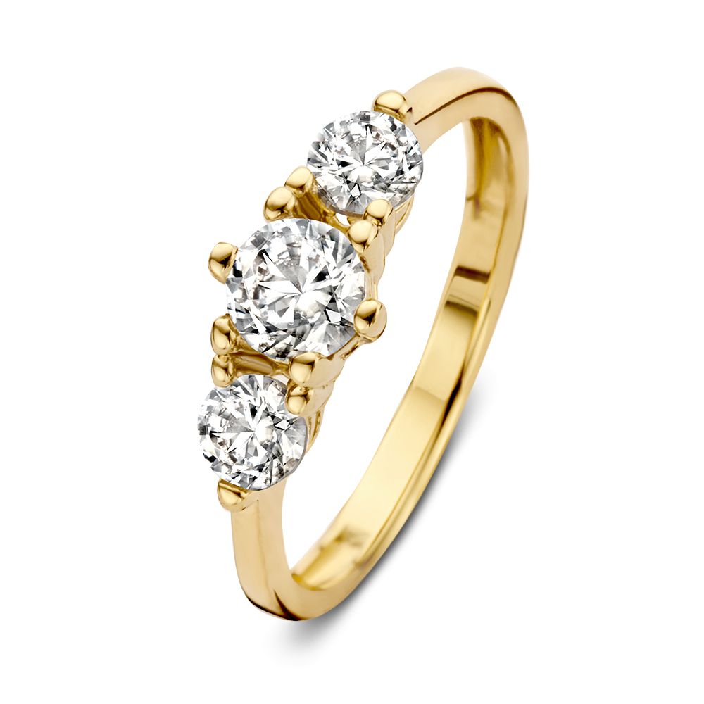 Anello da donna in oro giallo 14 carati con tre zirconi brillanti.
