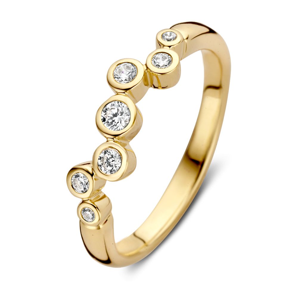 Anello in oro giallo 14 carati con zircone, design ondulato e dettagli lucidi.
