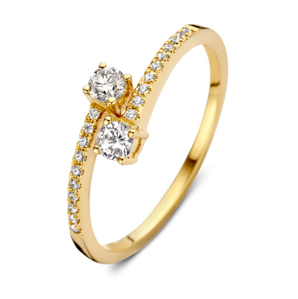 Anello in oro giallo 14 carati con doppia fascia e zirconi.