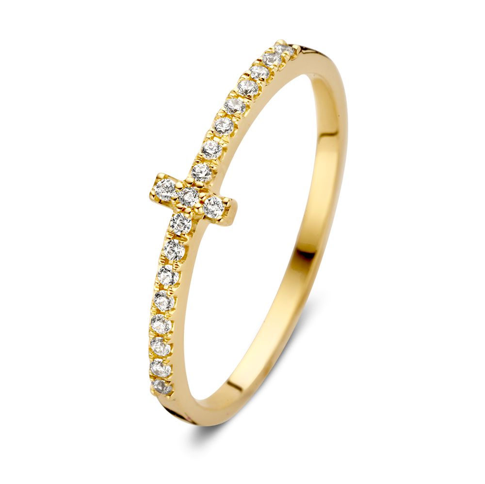 Anello in oro giallo 14 carati con finitura lucida e dettagli di zirconi.