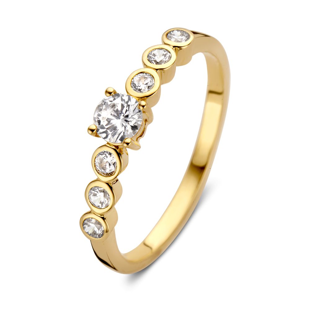 Anello in oro giallo 14 carati con zirconi, design elegante e brillantezza sottile.