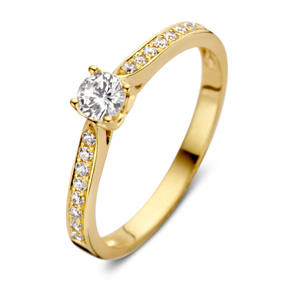 Anello in oro giallo 14 carati con design romantico e diamante centrale, decorato con pietre brillanti.