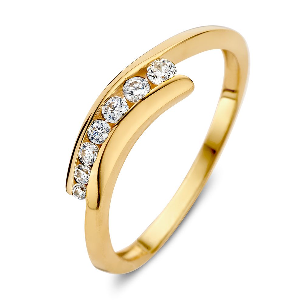 Anello in oro giallo con zircone, design elegante con dettagli ondulati.