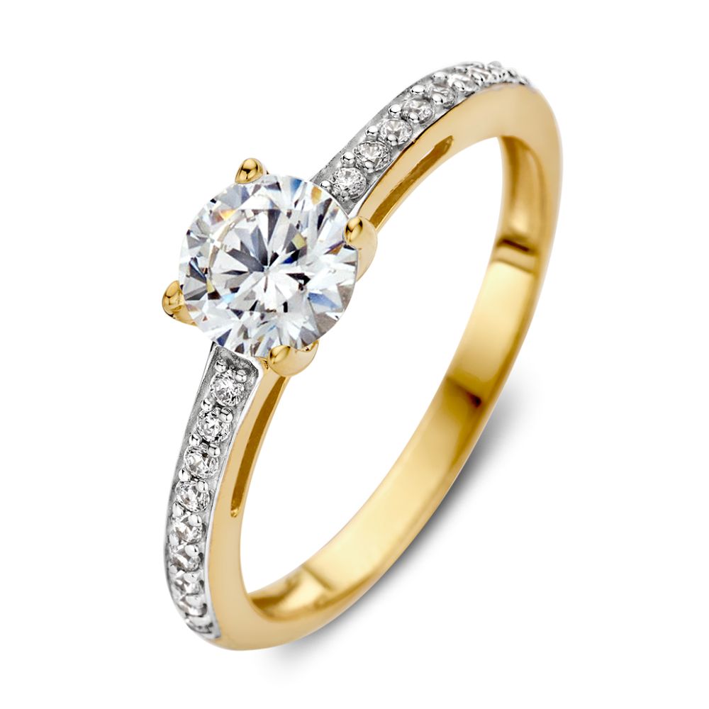 Anello in oro giallo 14 carati con zirconia, fascia elegante di 6 mm, pietra centrale brillante.