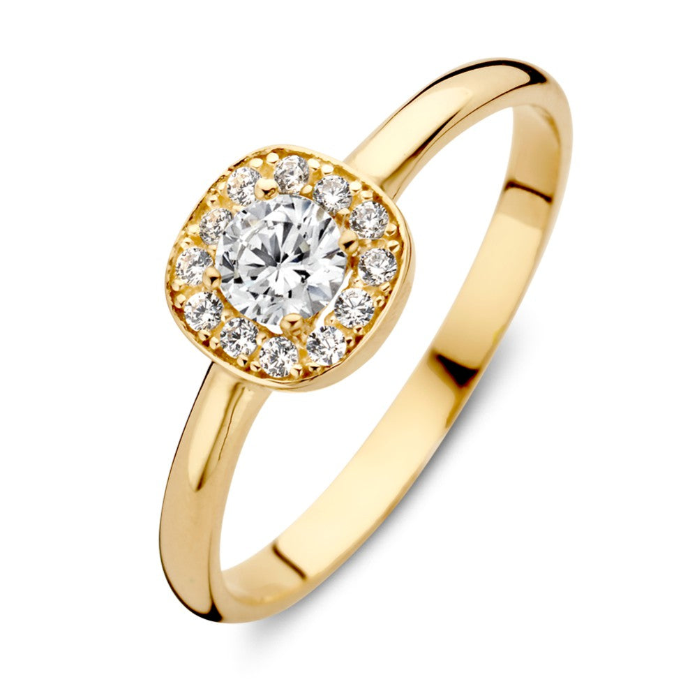 Anello in oro giallo 14 carati con zircone rotondo incastonato in una montatura quadrata e halo di zirconi.