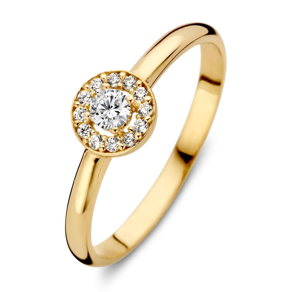 Anello in oro giallo 14 carati con zirconi, design con pietra centrale circondata.