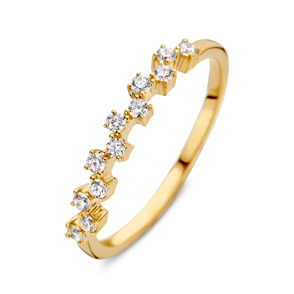 Anello in oro giallo 14 carati con zirconi brillanti, design sottile e delicato.